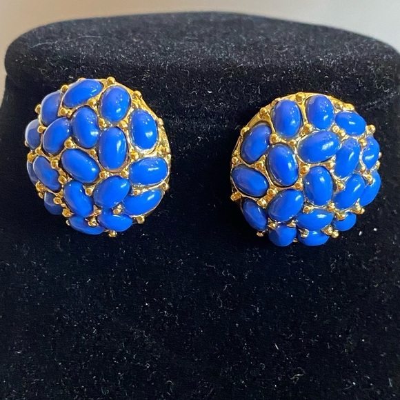Vintage KJL by KENNETH Jay Lane Dome Cabochon Stud Earrings Navy Blue Pierce - Picture 2 of 12